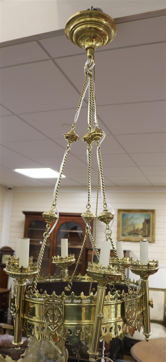 A Gothic revival brass light fitting drop 115cm